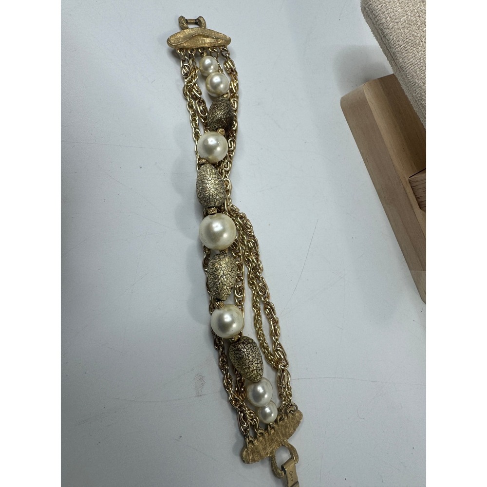Vintage Coro Gold Tone Faux Pearl Multi Strand Chain Bracelet Textured Beads